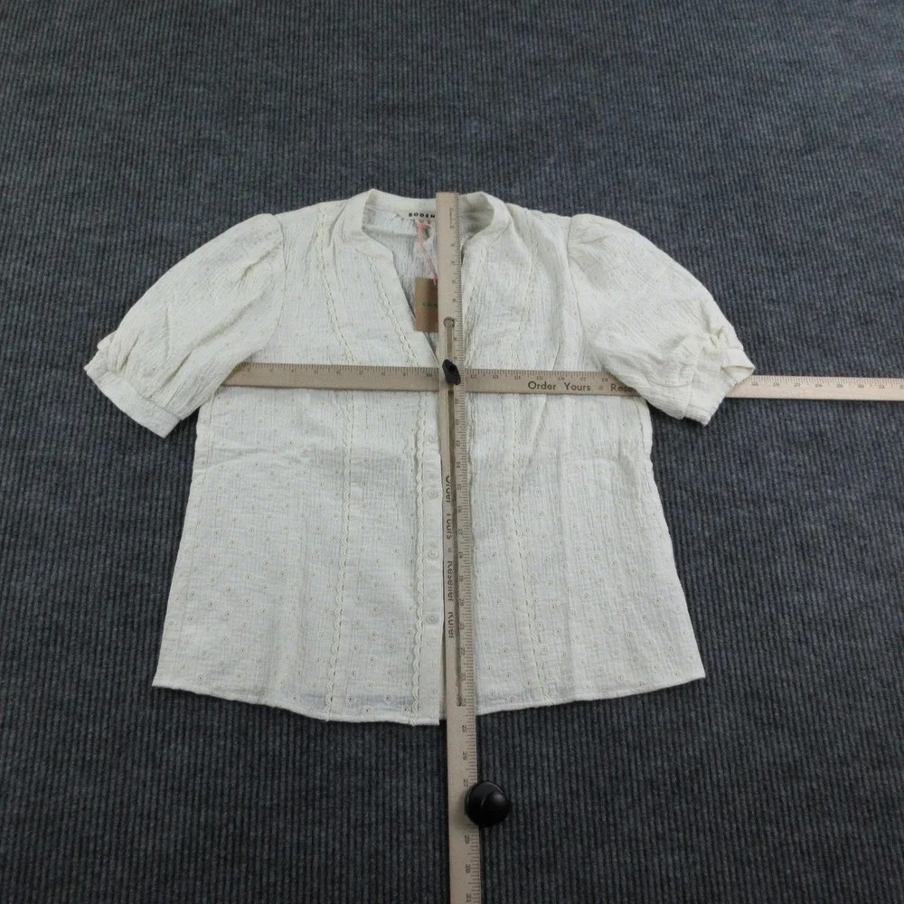 Boden Blouse Womens 8 Off-White Tunic Puff Sleeve Embroidered Crochet Lined NWT